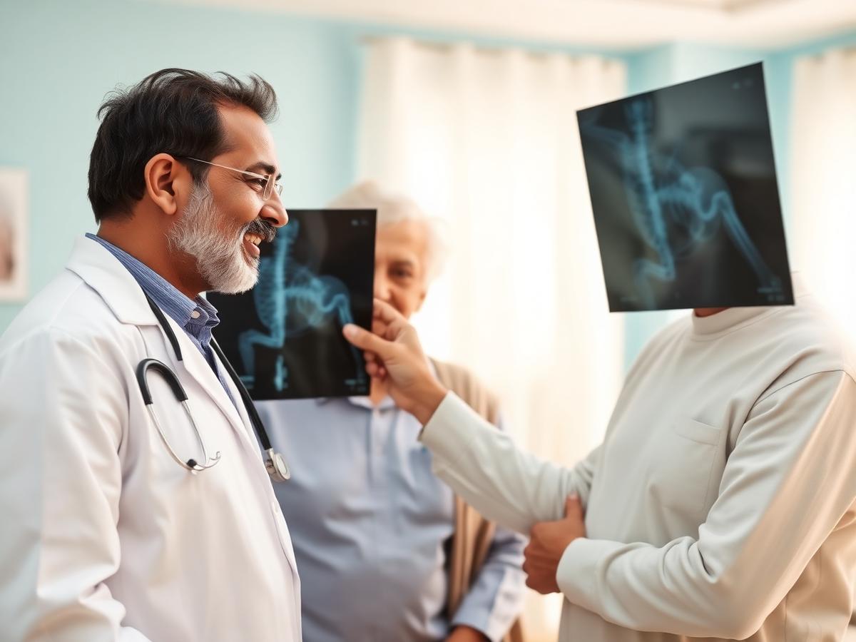 Senior orthopaedic doctor reviewing an X-ray with a patient's family