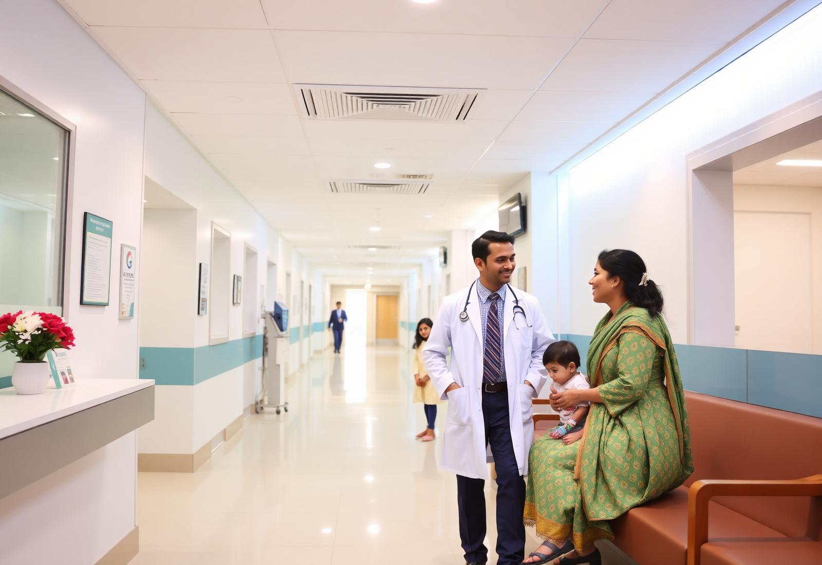 Doctor speaking with a mother and child at KCK Hospital, Kolathur